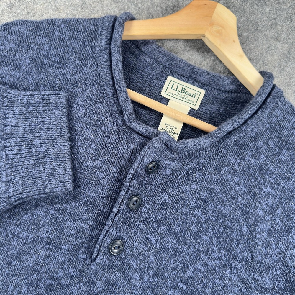 L.L.Bean Sweater Mens XL Blue Heathered Henley 3 Button‎ Knit Pullover Casual